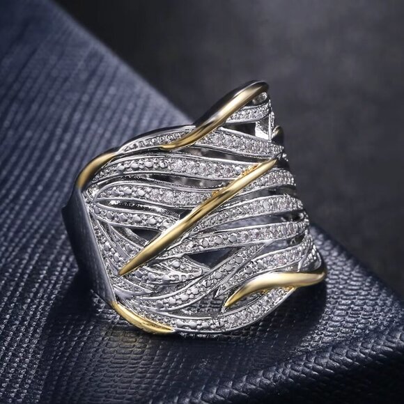 925 Sterling Silver Mixed Metal Ring Band Chunky Wide Two Tone Ring - Picture 2 of 6